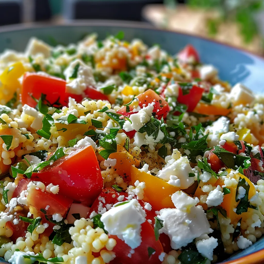 Frischer Couscous-Salat mit roter Paprika, Tomaten und Gurken.