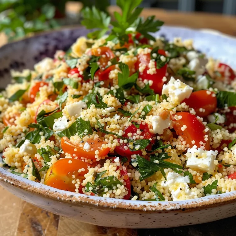 Nahaufnahme eines bunten Couscous-Salats mit Feta, frischem Gemüse und Kräutern.