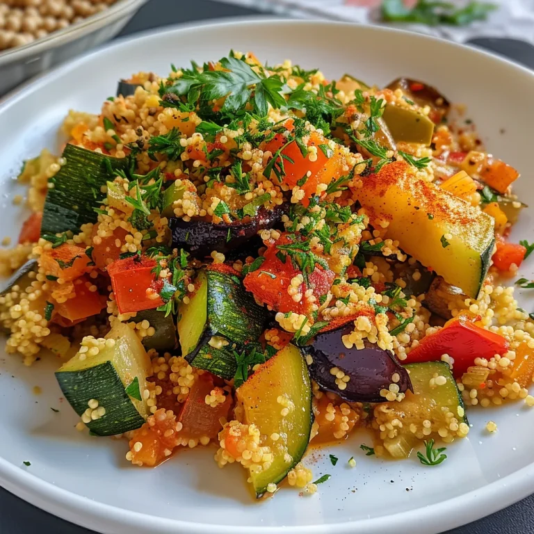 Eine nahaufnahme von einer bunten Couscous-Pfanne mit Gemüse.
