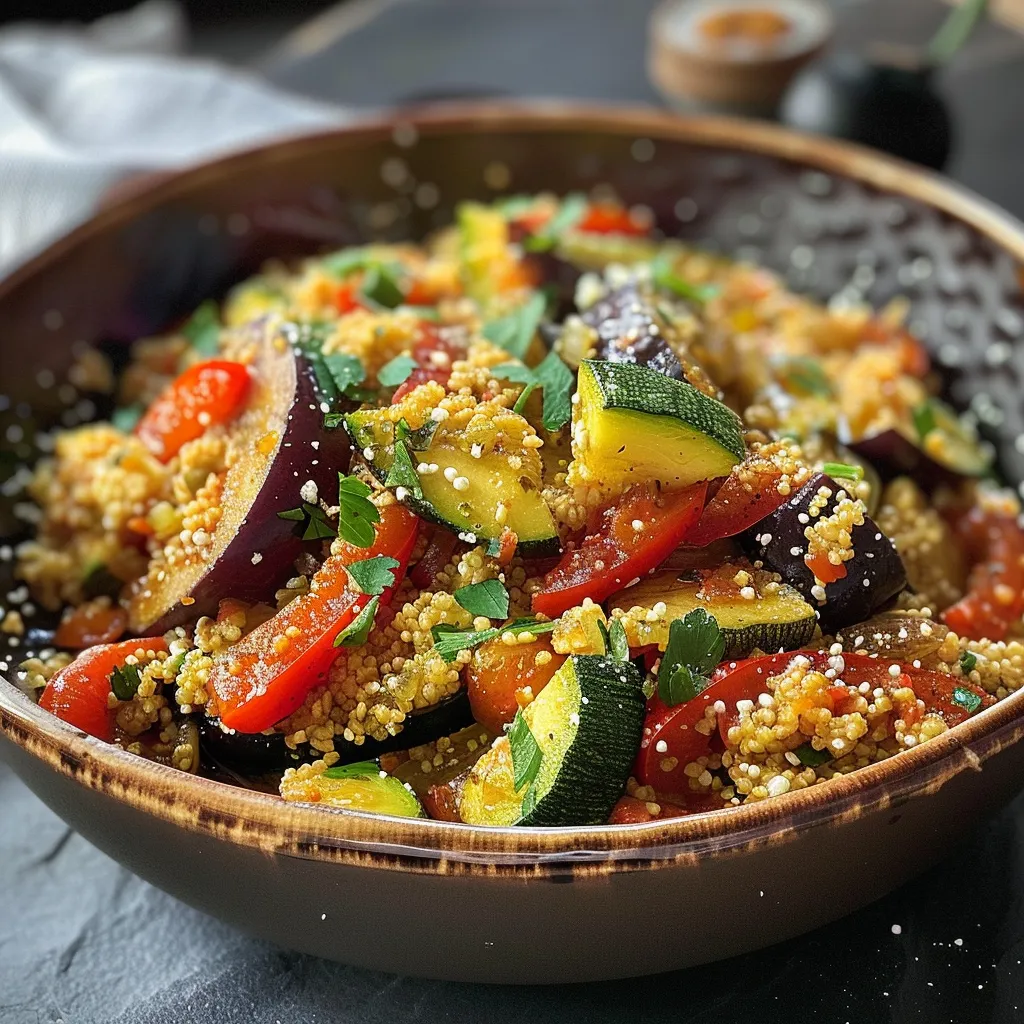 Vegetarische Couscous-Pfanne mit Zucchini, Paprika und Aubergine in einem warmen Licht.