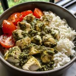 Nahaufnahme eines cremigen Pesto-Hühnchen-Reis-Bowls mit bunten Zutaten.