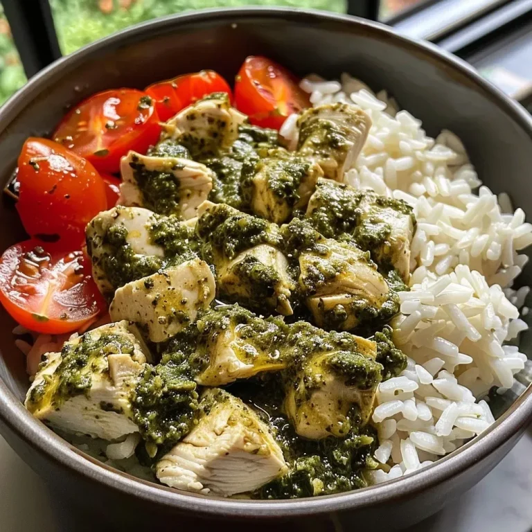 Nahaufnahme eines cremigen Pesto-Hühnchen-Reis-Bowls mit bunten Zutaten.