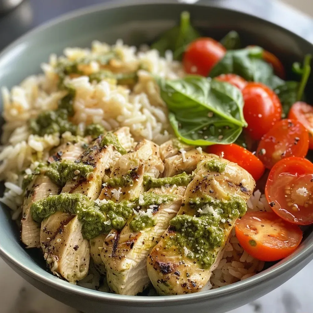 Seitenansicht eines herzhaften Reisgerichts mit Hühnchen, Pesto und Gemüse.