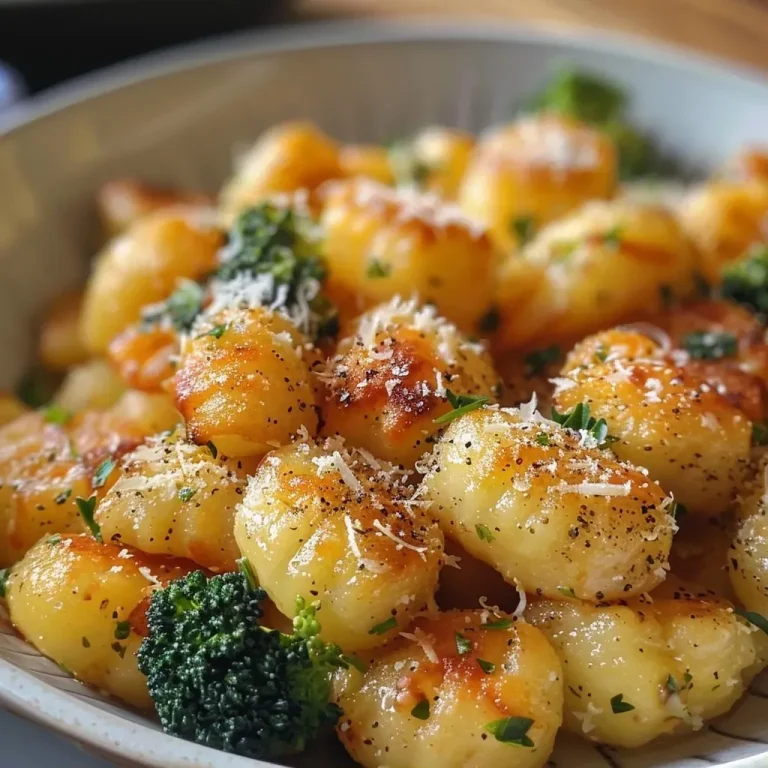 Nahaufnahme von cremigen Gnocchi mit Brokkoli, präsentiert in einer Schüssel.