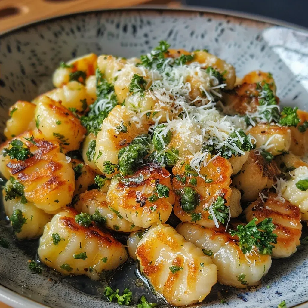 Seitenansicht eines Tellers mit Gnocchi und Brokkoli in einer cremigen Sauce.