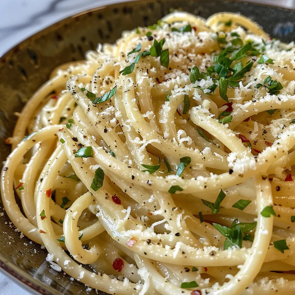 Seitenansicht einer köstlichen Pasta-Sauce mit Knoblauch und Zitronen.