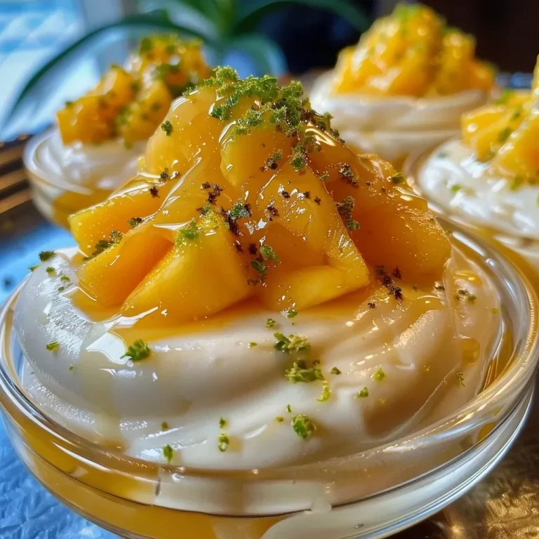Nahaufnahme von cremigem Mango-Mousse in einer eleganten Dessertschale.