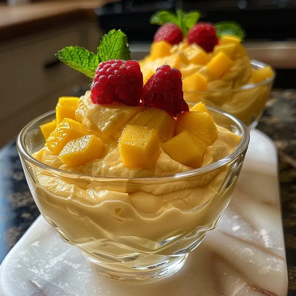 Seitenansicht einer köstlichen Mango-Mousse mit frischen Mangostücken.