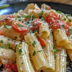 Nahaufnahme von cremiger Pasta mit scharfer Tomatensoße, angerichtet auf einem Teller.