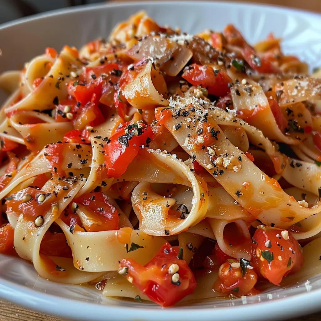 Seiteansicht von Pasta mit roter Tomatensoße und frischen Kräutern, serviert in einer Schüssel.