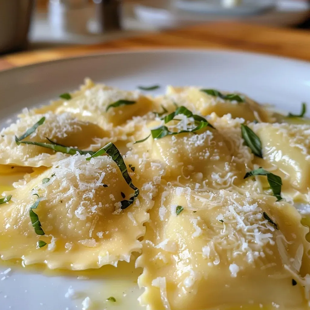 Seiteansicht von frisch zubereiteten Ricotta-Ravioli mit Kräutern.