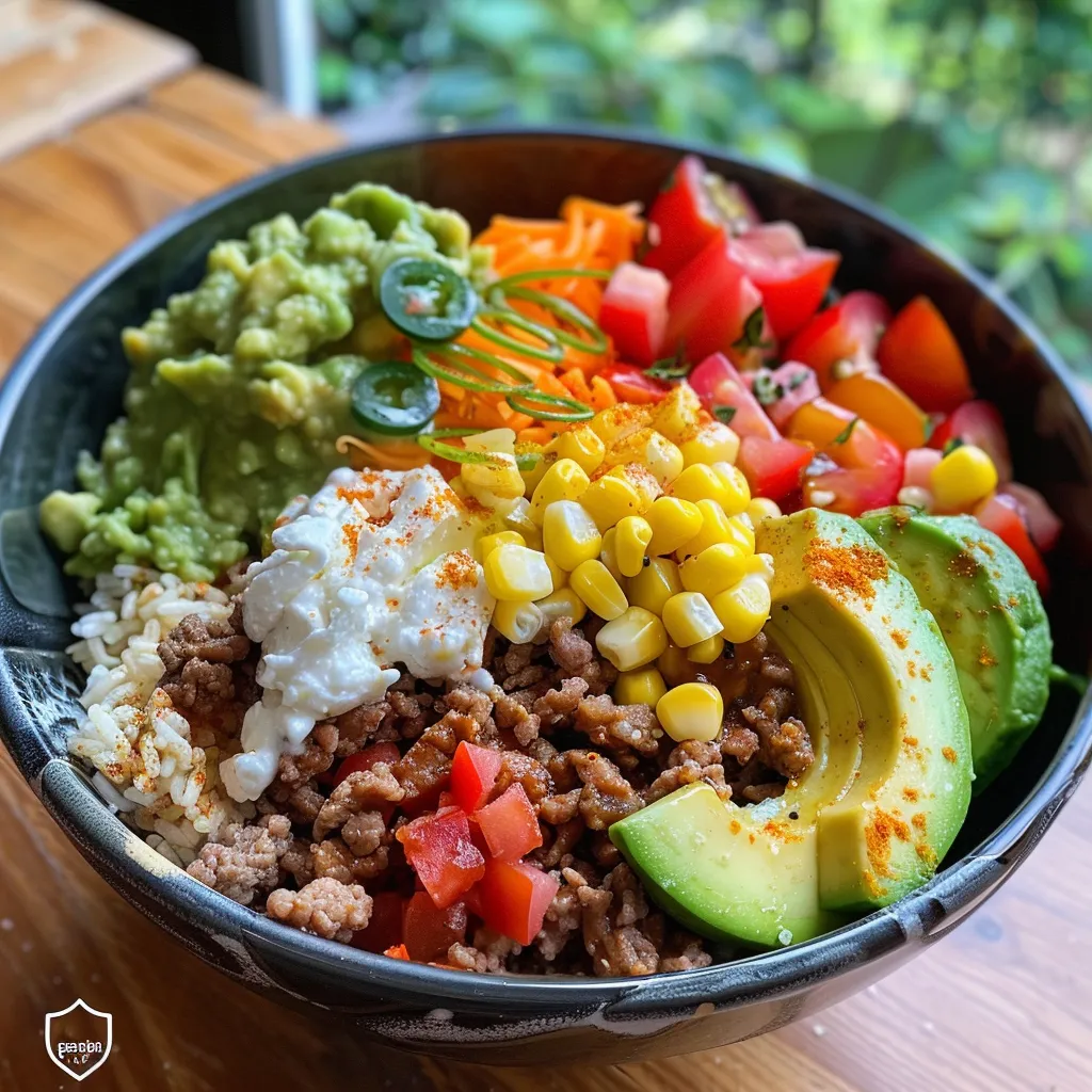 Seitenansicht eines köstlichen Taco-Reis-Bowls, dekoriert mit frischem Gemüse.