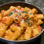 Cremige Tomate Ricotta Nudeln in einer Schale, nah aufgenommen.