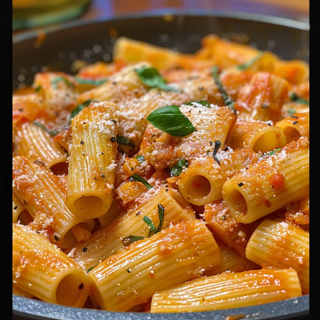 Detailaufnahme von Nudeln mit Tomatensauce und Ricotta.