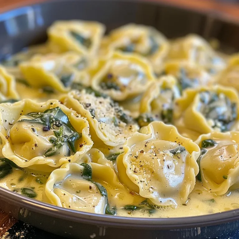 Schnelle Genussmomente: Cremige Tortellini-Pfanne mit Spinat Nahaufnahme einer cremigen Tortellini-Pfanne mit Spinat und Parmesan.