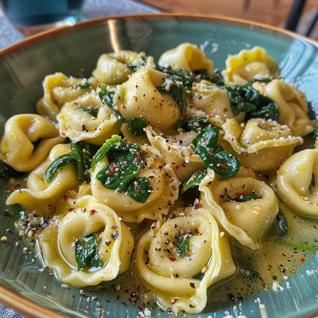 Seiteansicht einer köstlichen Tortellini-Pfanne, die mit frischem Spinat und Sahne zubereitet ist.