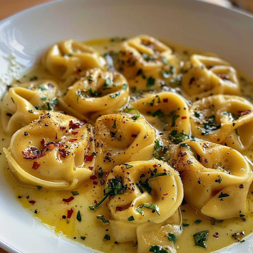 Juicy Tortellini mit Parmesan und getrockneten Tomaten in einer Pfanne.