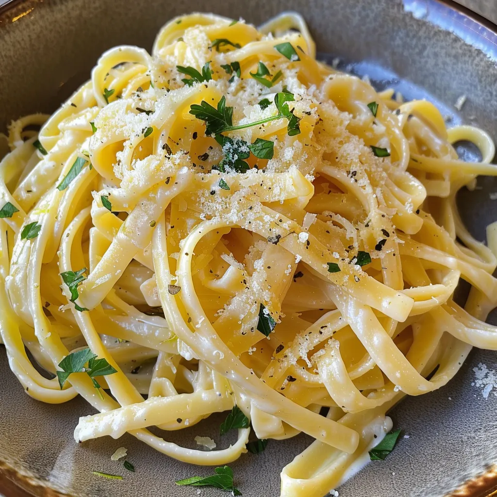 Seiteansicht von Spaghetti in einer Zitronensahnesauce, dekoriert mit Parmesan.