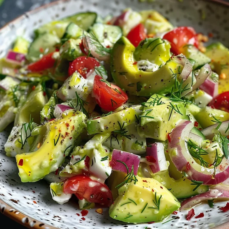 Nahaufnahme von Cremigem Gurken-Avocado-Salat mit frischen Zutaten.
