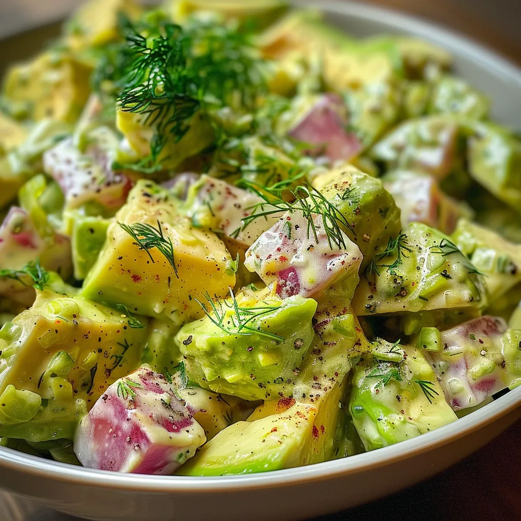 Seitenansicht eines bunten Salats aus Gurken, Avocado und roten Zwiebeln.