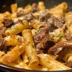 Nahaufnahme von cremigem Parmesan Rindfleisch mit Rigatoni Pasta.