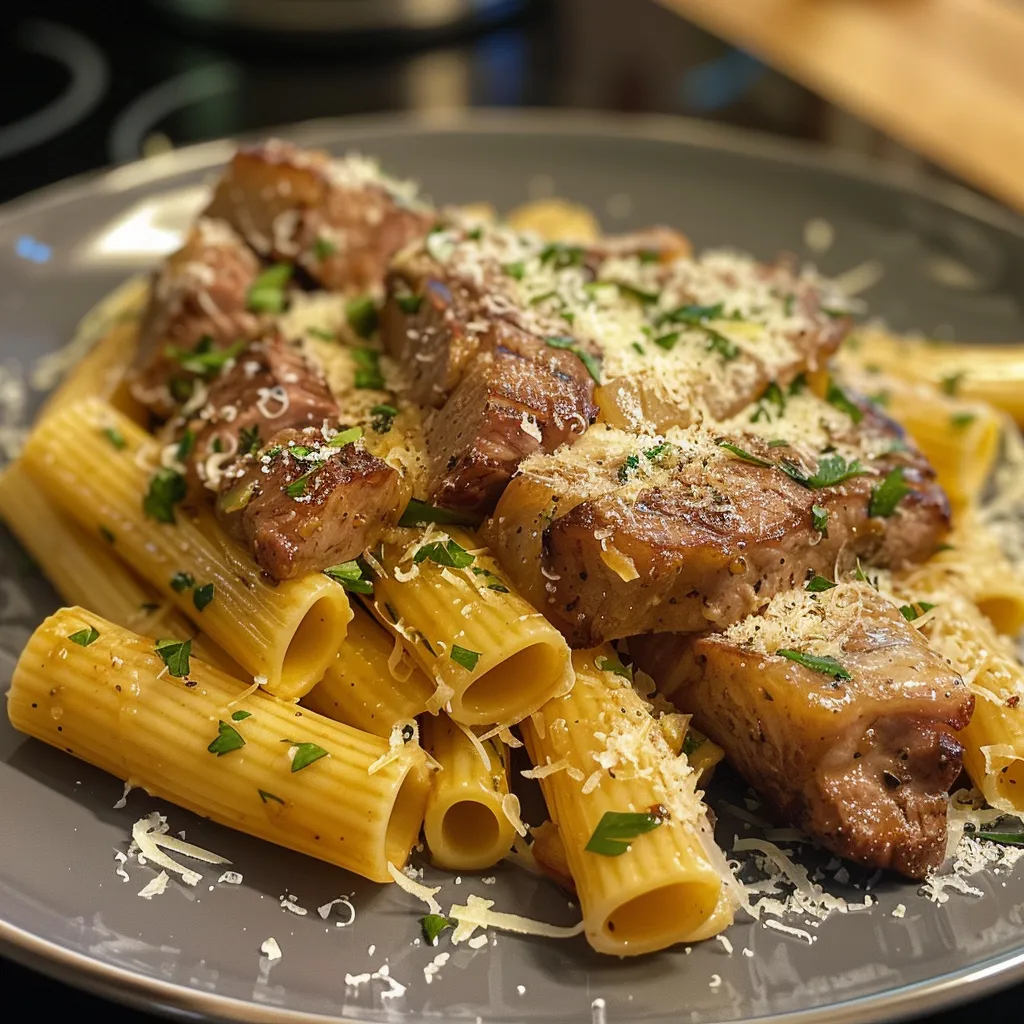 Seitenansicht von Rigatoni Pasta, bedeckt mit Rindfleisch und Parmesan.
