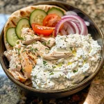 Saftige griechische Hähnchen-Pitas mit Tzatziki in Nahaufnahme.