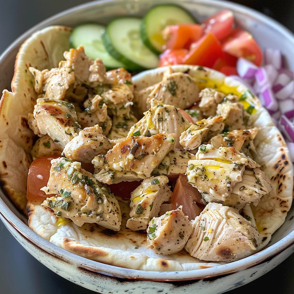 Detailansicht von Crockpot griechischem Hähnchen in Pitas mit frischen Toppings.