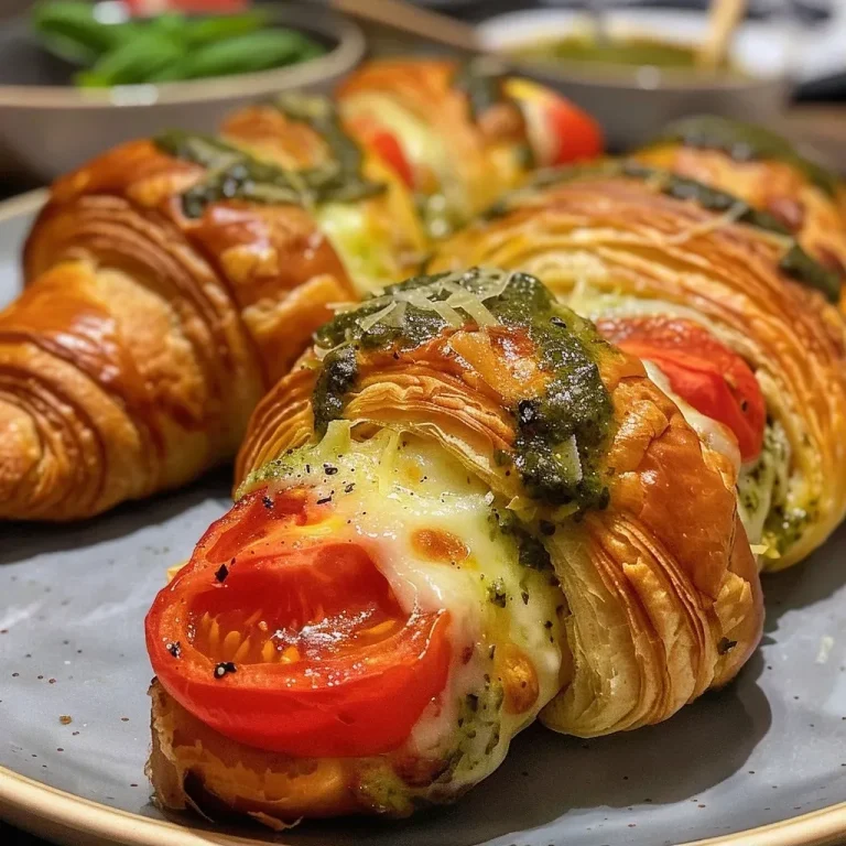 Frisch gebackene Croissants gefüllt mit Mozzarella und Tomaten.