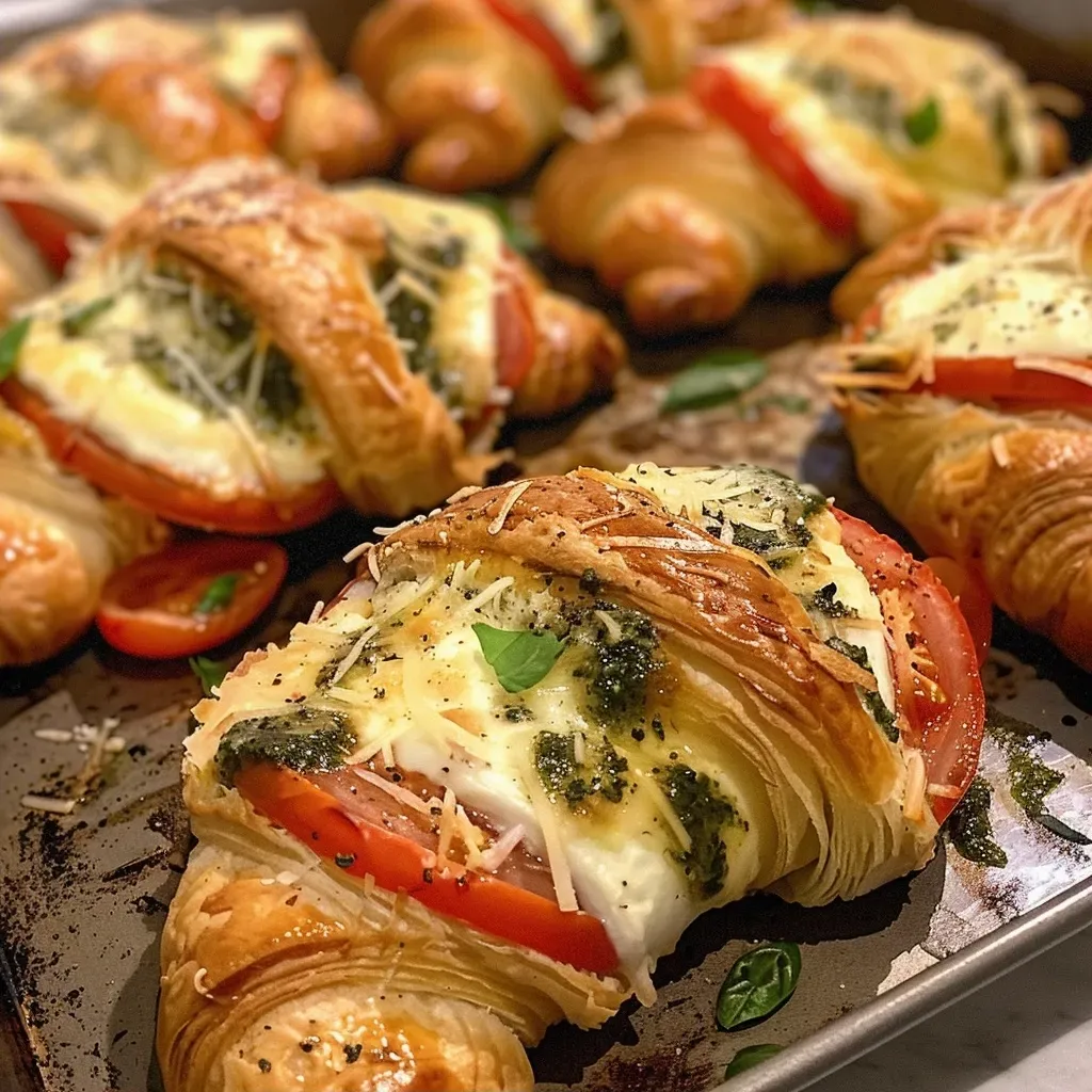 Seitenansicht von saftigen Croissants mit einer Füllung aus Mozzarella und Tomaten.