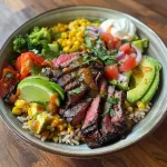 Eine saftige Smoky Steak Bowl mit Gemüse und Reis von der Seite aufgenommen.