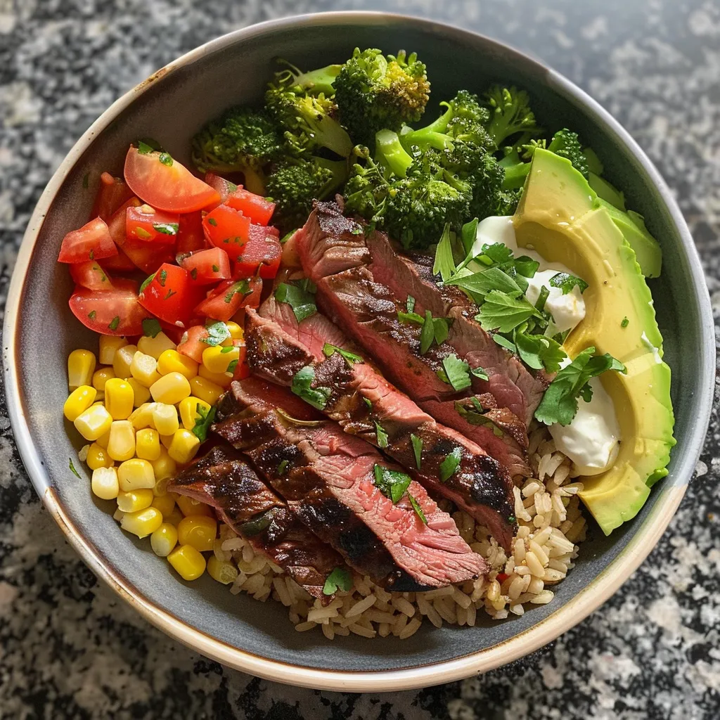 Nahaufnahme einer Steak Bowl, die saftiges Steak, Gemüse und Reis zeigt.
