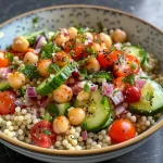 Nahaufnahme eines bunten Couscous-Salats mit gerösteten Kichererbsen und Kräuter-Joghurt.