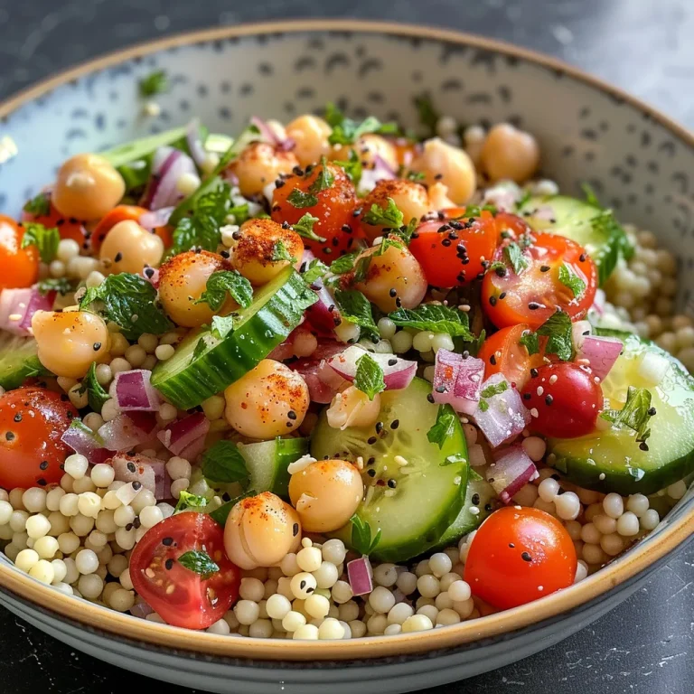 Cuscús Fresco y Saludable: Ensalada Mediterránea con Garbanzos Asados Nahaufnahme eines bunten Couscous-Salats mit gerösteten Kichererbsen und Kräuter-Joghurt.