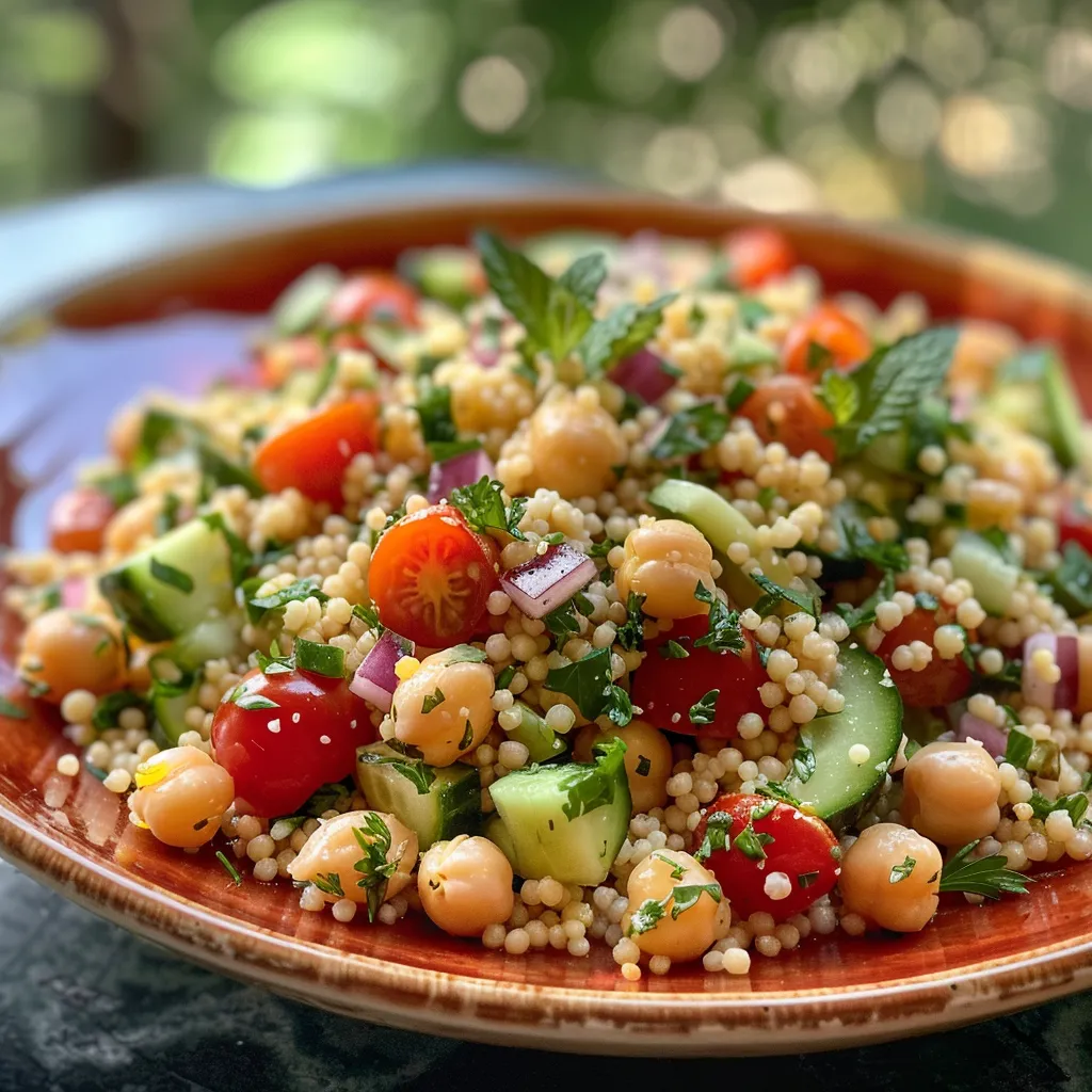 Frische mediterrane Schüssel mit Couscous, Tomaten, Gurken und Kichererbsen.