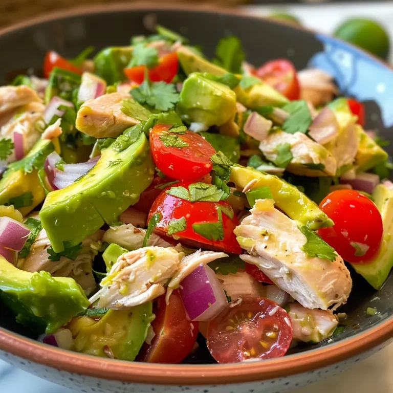 Nahaufnahme einer gesunden Avocado-Hühnchen-Salat-Schüssel.