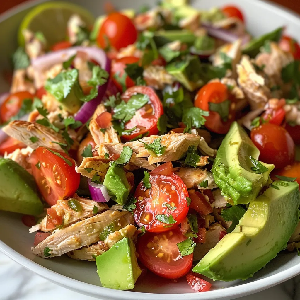 Frischer Hühnchen-Avocado-Salat mit bunten Zutaten.
