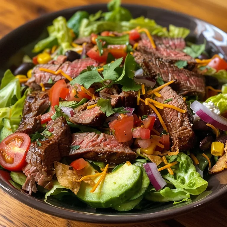 Sabor y Frescura: Tu Ensalada de Tacos Perfecta Nahaufnahme eines Steak-Taco-Salats mit frischen Zutaten.