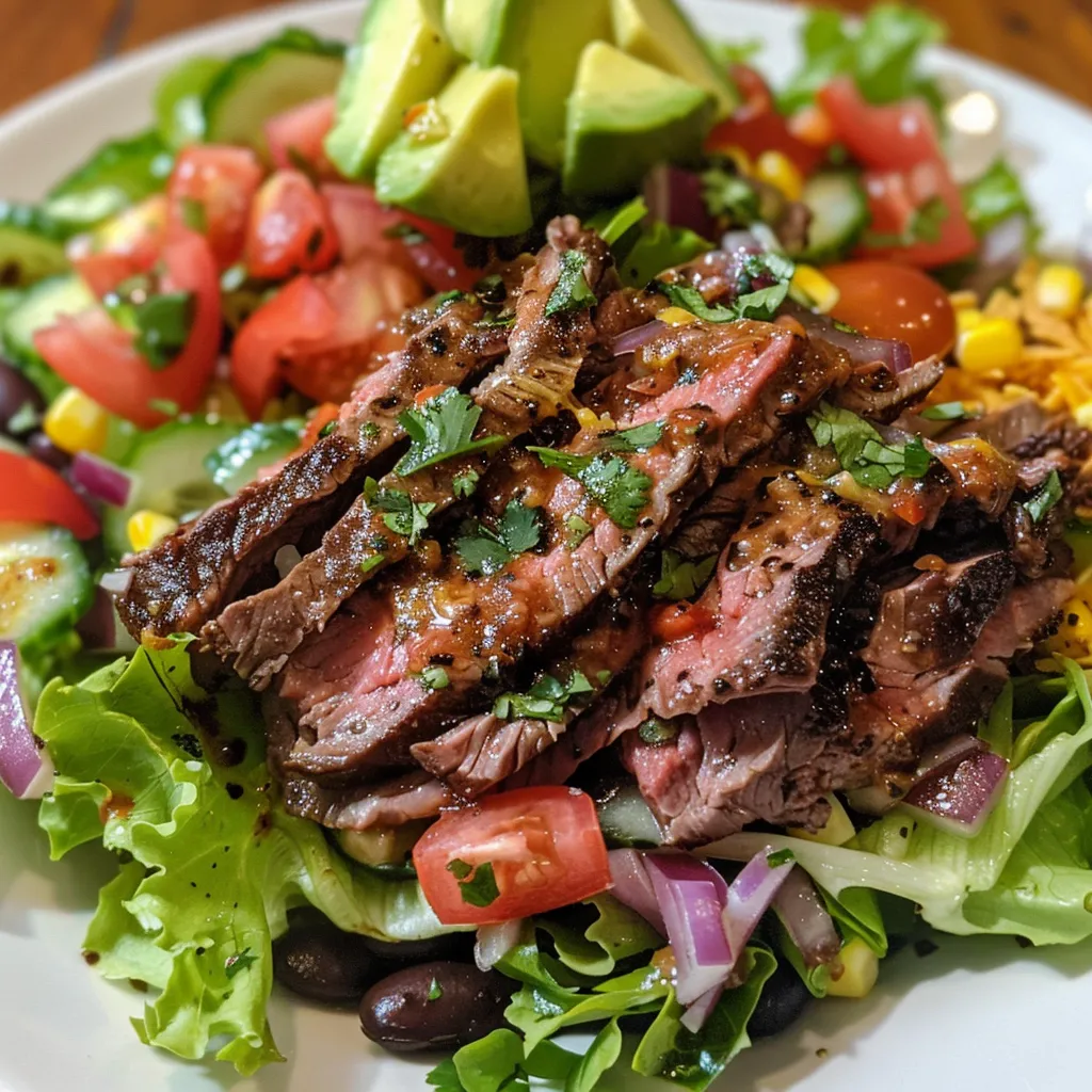 Seitenansicht eines saftigen Steak-Taco-Salats auf einem Teller.