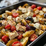 Nahaufnahme von Feta Kartoffeln Ofengemüse in einer Schale, mit buntem Gemüse.