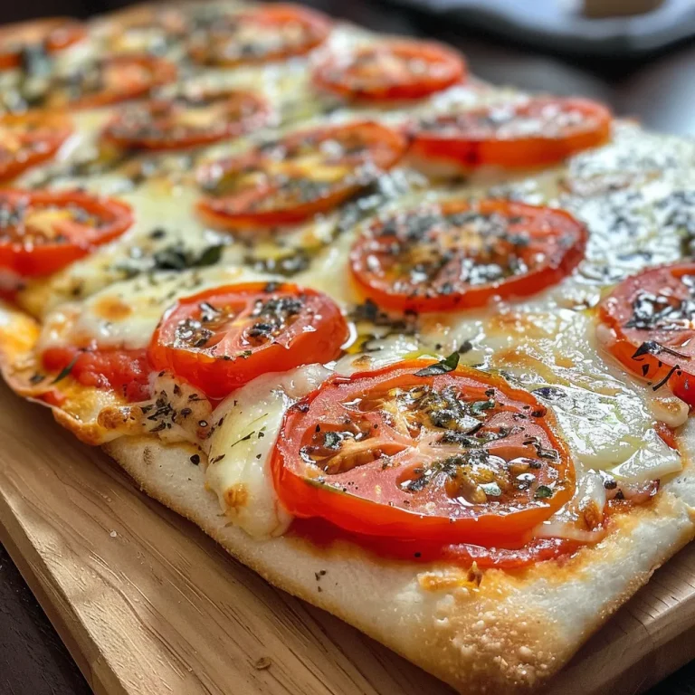 Nahaufnahme eines Flammkuchens mit Tomaten und Mozzarella.