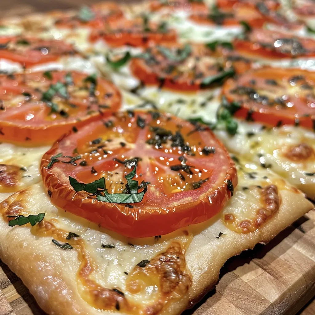 Seitenansicht eines frisch gebackenen Flammkuchens, belegt mit Kirschtomaten und Mozzarella.
