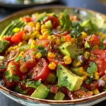 Nahaufnahme eines bunten Salats mit frischem Mais und Avocado.