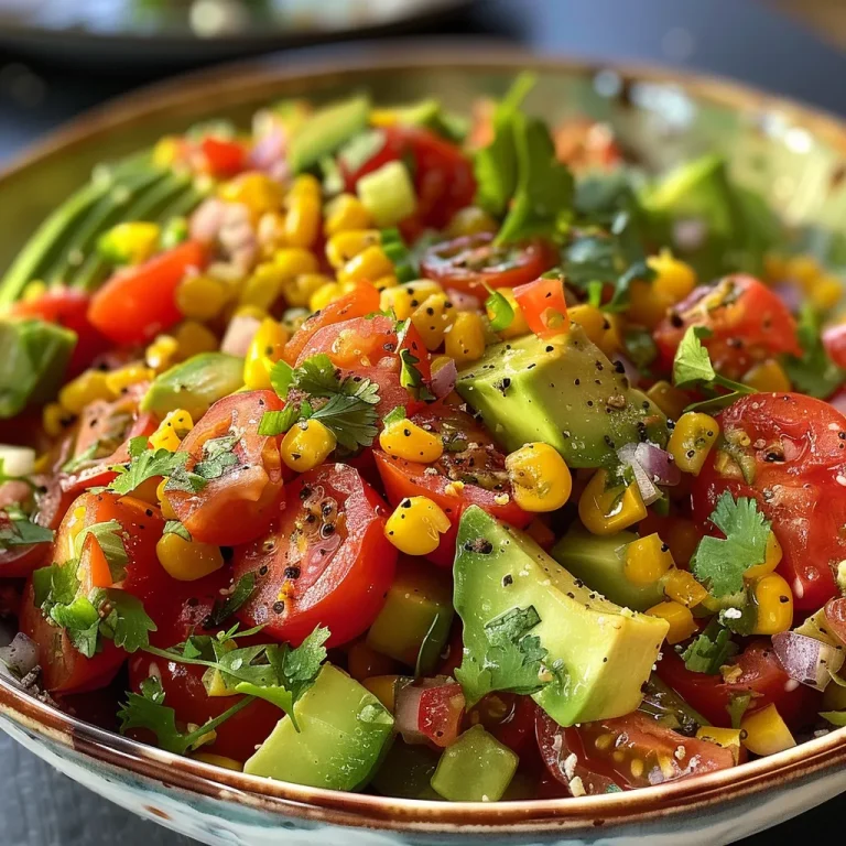 Lebendige Aromen: Der Frische Fiesta Salat für jeden Anlass Nahaufnahme eines bunten Salats mit frischem Mais und Avocado.
