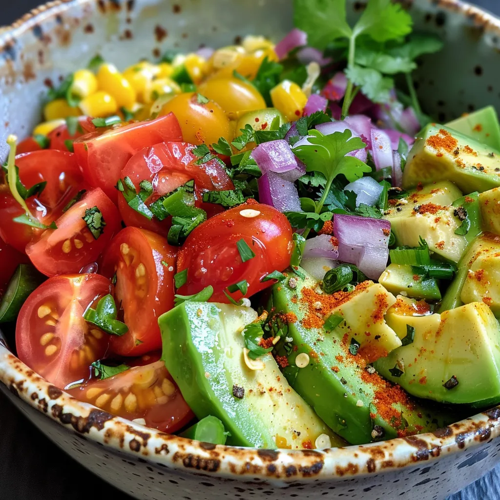 Seiteansicht eines leckeren Salats mit Avocado, Tomaten und Koriander.
