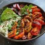 Nahe Aufnahme einer Gegrillte Garnelen Bowl mit Avocado und Mais-Salsa.
