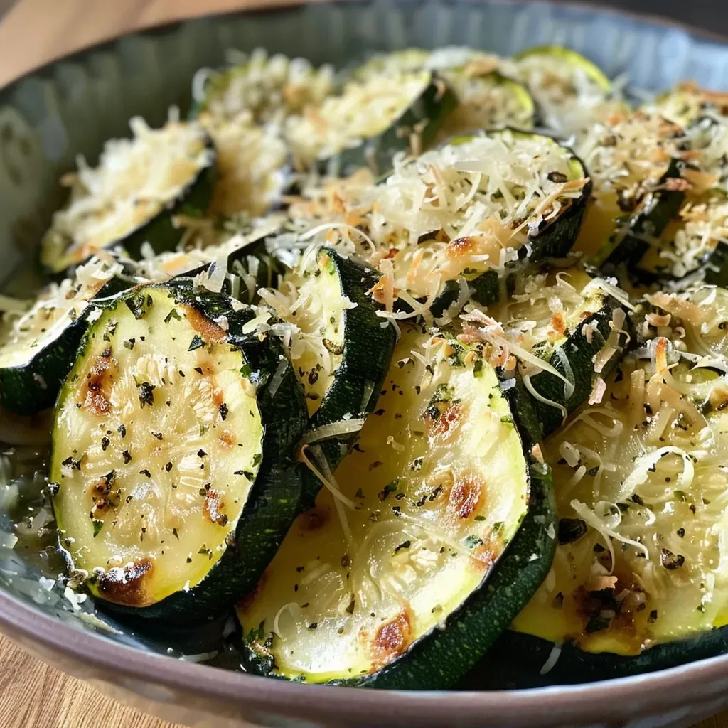 Seitenansicht von schmackhaften, goldbraun gerösteten Zucchini mit Käse und Kräutern.