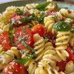 Nahaufnahme eines frisch zubereiteten Gesunden Nudelsalats mit bunten Zutaten.