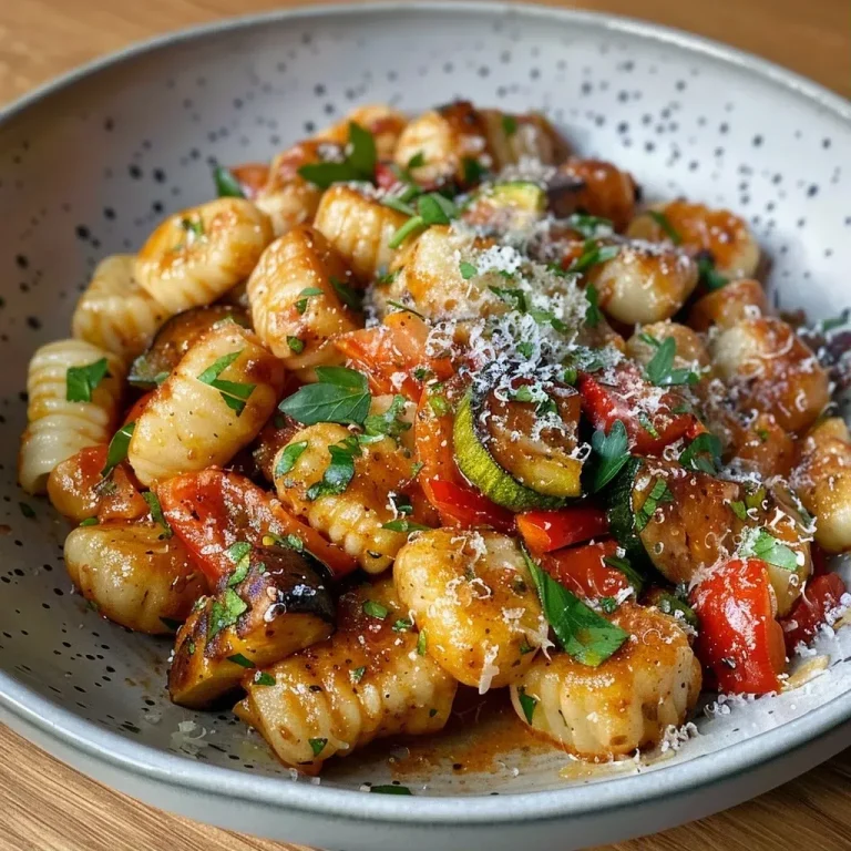 Nahaufnahme einer Gnocchi-Pfanne mit buntem Gemüse.