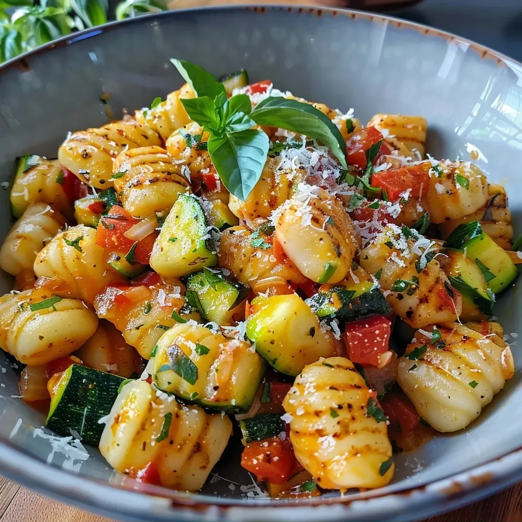 Seitenansicht einer köstlichen Gnocchi-Pfanne, leicht glänzend.